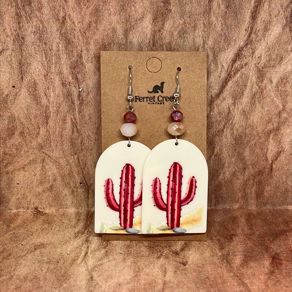 2 For $25 Red Saguaro Cactus Arizona Watercolor Landscape Earrings